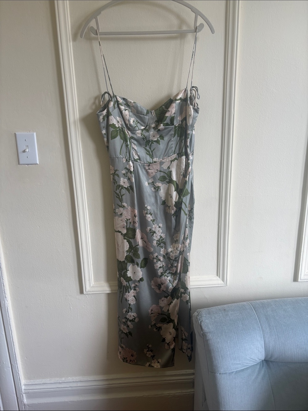 Reformation Sage Green Floral Satin Midi Dress